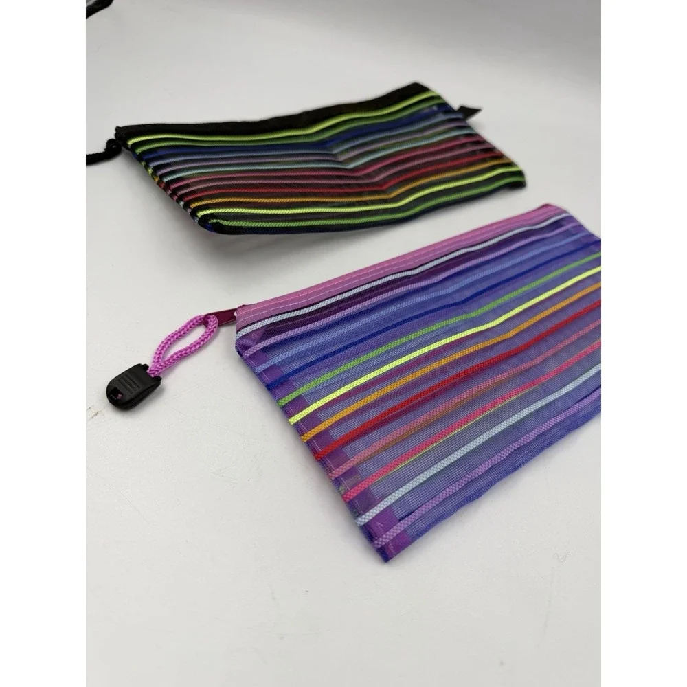 Lot Of 2 Mesh Multi-Color  Striped Pencil Case, Makeup Bags NEW No Tags 9